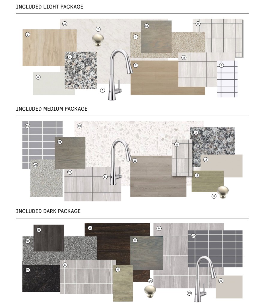 Included Light, Medium, and Dark finish packages