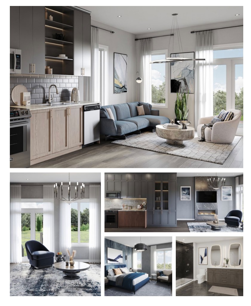 Interior renderings — kitchen, living, bedroom and bath